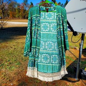 Blue, green and cream open front cardigan